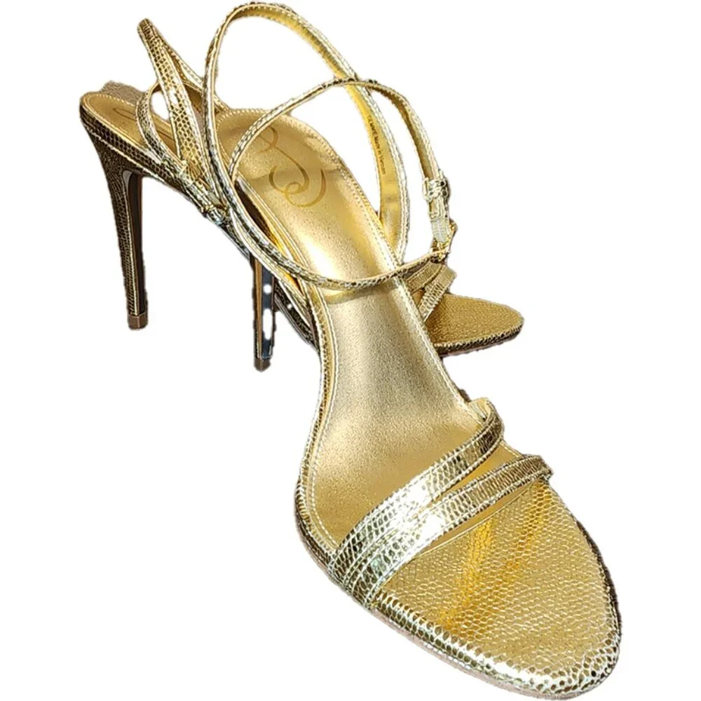 SAM EDELMAN Gemmie Strappy Stiletto Dress Sandals AMBER GOLD METALLIC 10M - Picture 3 of 13